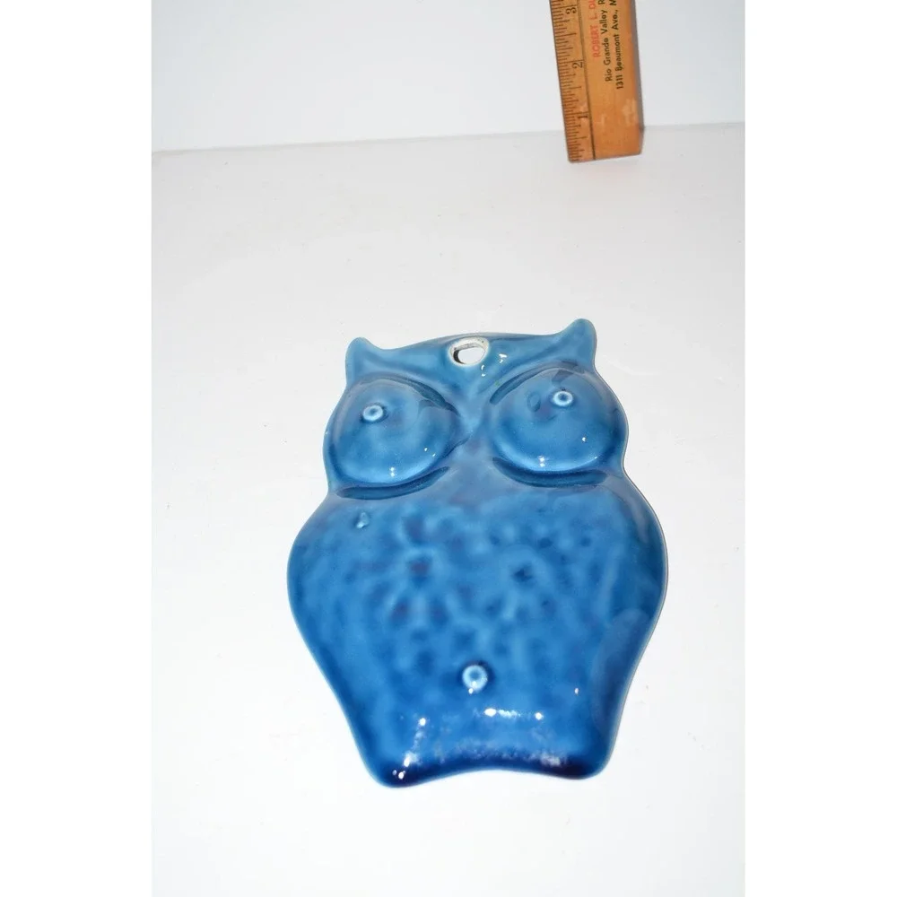 Vtg MCM Ceramic Owl with Retro Flower Spoon Rest Wall Hanging Blue yellow